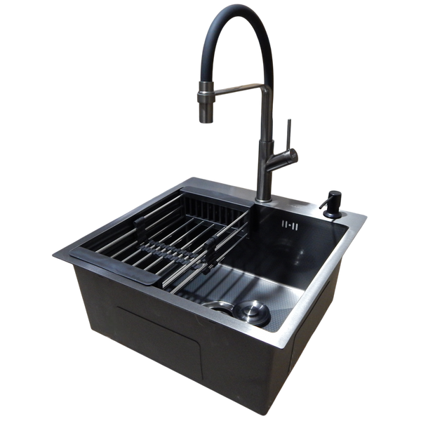 Комплект кухонной мойки Kraft NANO BLACK PVD HS50*50(3.0/1.0 мм) декор S3703 фото