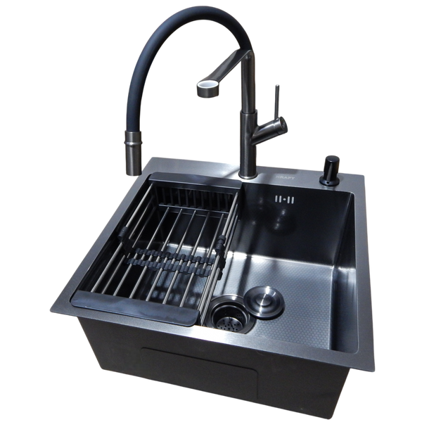 Комплект кухонной мойки Kraft NANO BLACK PVD HS50*50(3.0/1.0 мм) декор S3703 фото