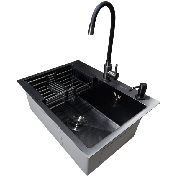 Комплект кухонной мойки Kraft NANO BLACK PVD HS60*45 (3.0/1.0 мм) декор S5407 фото