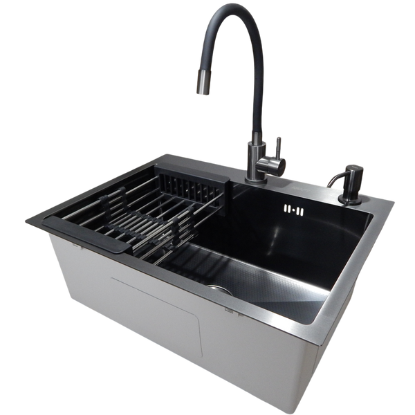 Комплект кухонной мойки Kraft NANO BLACK PVD HS60*45 (3.0/1.0 мм) декор S5407 фото