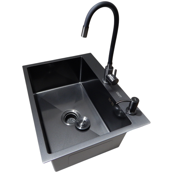 Комплект кухонной мойки Kraft NANO BLACK PVD HS60*45 (3.0/1.0 мм) декор S5407 фото