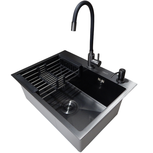 Комплект кухонной мойки Kraft NANO BLACK PVD HS60*45 (3.0/1.0 мм) декор S5407 фото