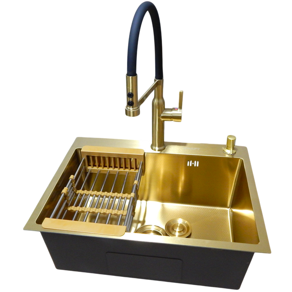 Комплект кухонной мойки Kraft NANO GOLD PVD HS60*45 (3.0/1.0 мм) декор S31070 фото