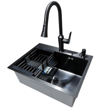 Комплект кухонной мойки Kraft NANO BLACK PVD HS60*45 (3.0/1.0 мм) декор S3654 фото