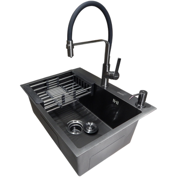 Комплект кухонной мойки Kraft NANO BLACK PVD HS60*45 (3.0/1.0 мм) декор S2408 фото