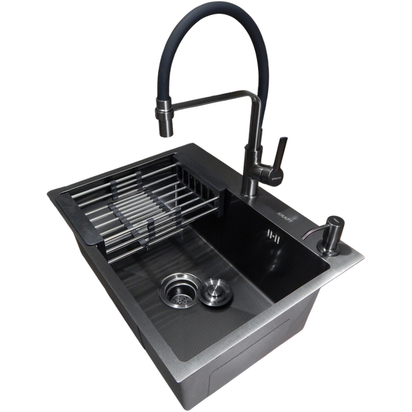 Комплект кухонной мойки Kraft NANO BLACK PVD HS60*45 (3.0/1.0 мм) декор S2408 фото
