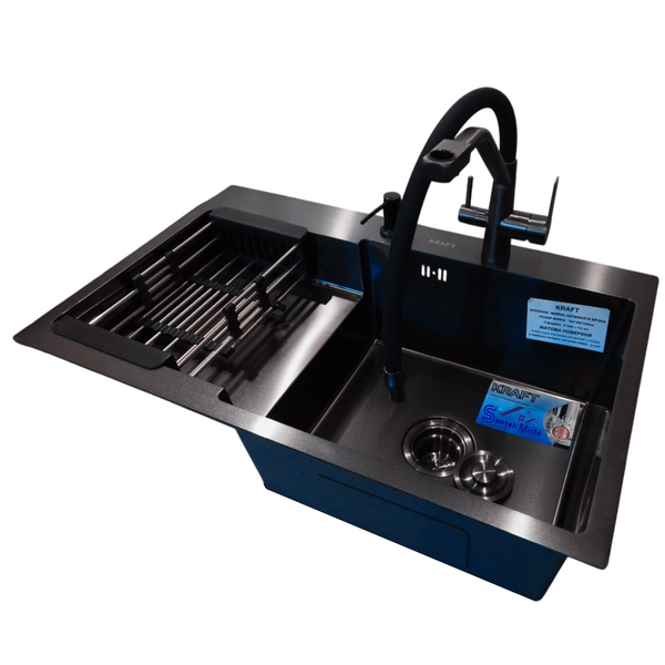 Комплект кухонной мойки Kraft&nbsp;HM&nbsp;NANO BLACK - 7848ALB&nbsp;PVD&nbsp;(3.0/1.0 мм) S4969 фото