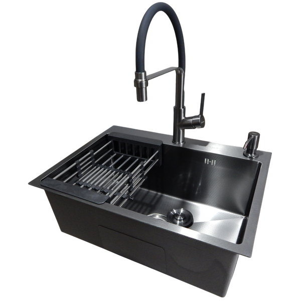 Комплект кухонной мойки Kraft NANO BLACK PVD HS60*45 (3.0/1.0 мм) декор S2408 фото