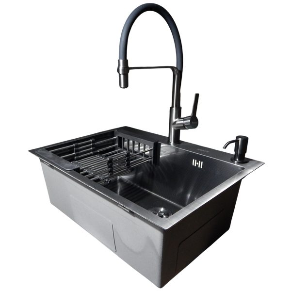 Комплект кухонной мойки Kraft NANO BLACK PVD HS60*45 (3.0/1.0 мм) декор S2408 фото
