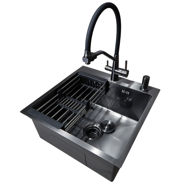 Комплект кухонної мийки Kraft HM 50х50 NANO BLACK PVD (3.0/1.0 мм) DEKOR S4789 фото