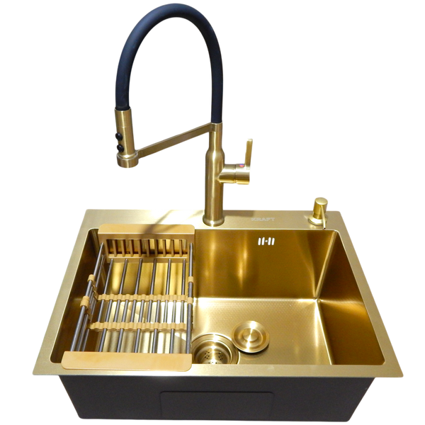 Комплект кухонної мийки Kraft NANO GOLD PVD HS60*45 (3.0/1.0 мм) декор S5036 фото