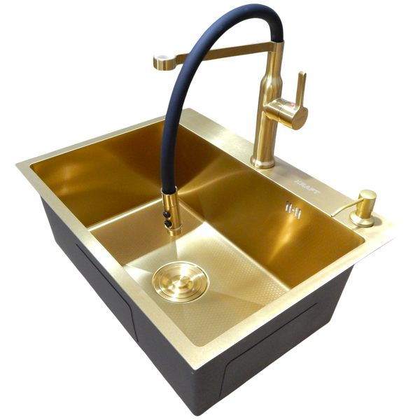 Комплект кухонної мийки Kraft NANO GOLD PVD HS60*45 (3.0/1.0 мм) декор S5036 фото