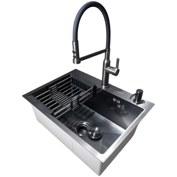 Комплект кухонной мойки Kraft NANO BLACK PVD HS60*45 (3.0/1.0 мм) декор S1802 фото