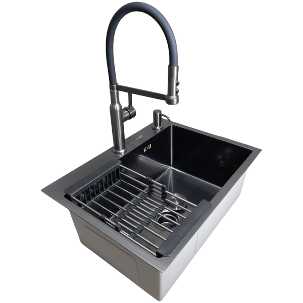 Комплект кухонной мойки Kraft NANO BLACK PVD HS60*45 (3.0/1.0 мм) декор S1802 фото