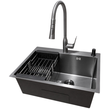Комплект кухонної мийки Kraft NANO BLACK DECOR PVD HS60*45 (3.0/1.0 мм)+Змішувач для кухні з висувним виливом Kroner KRP Graz - GRP030-T S5018 фото