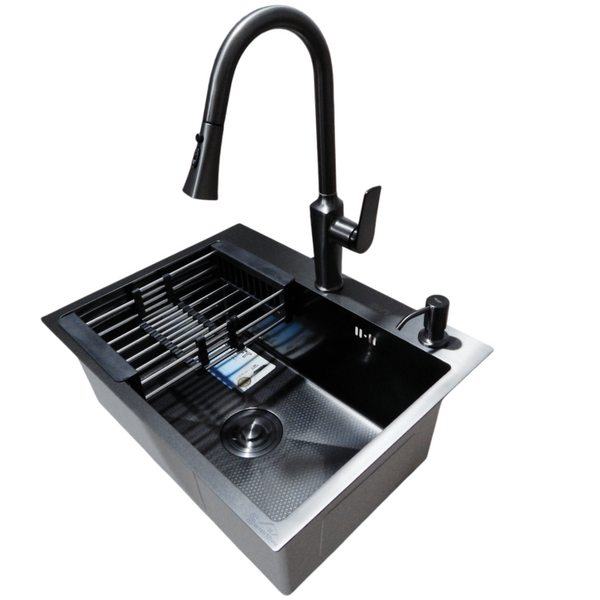 Комплект кухонной мойки Kraft NANO BLACK PVD HS60*45 (3.0/1.0 мм) декор S5004 фото