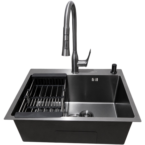 Комплект кухонної мийки Kraft NANO BLACK DECOR PVD HS60*45 (3.0/1.0 мм)+Змішувач для кухні з висувним виливом Kroner KRP Graz - GRP030-T S5018 фото