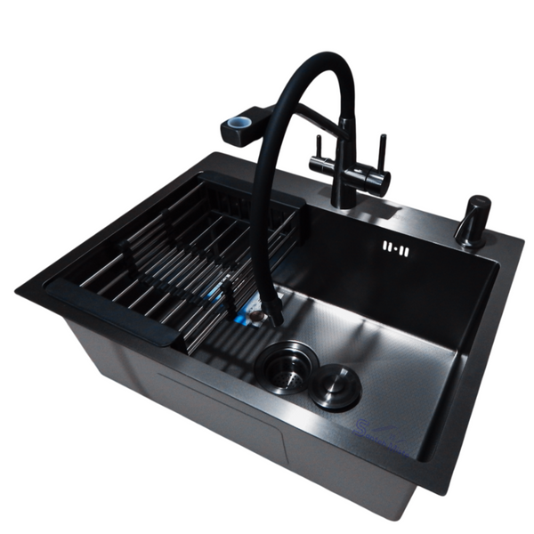 Комплект кухонної мийки Kraft NANO BLACK PVD HS60*45 (3.0/1.0 мм) декор S3638 фото