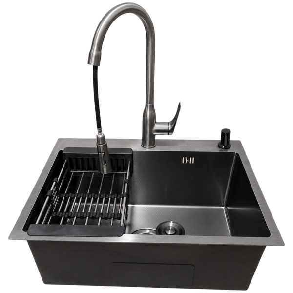 Комплект кухонної мийки Kraft NANO BLACK DECOR PVD HS60*45 (3.0/1.0 мм)+Змішувач для кухні з висувним виливом Kroner KRP Graz - GRP030-T S5018 фото