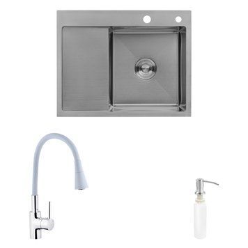 Комплект кухонна мийка Kroner Geb&uuml;rstet-6350RHM + змішувач K&uuml;che-C031GRA + дозатор Spender-016 CVS30128 фото