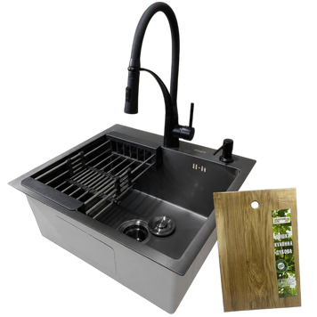 Комплект кухонної мийки Kraft HM 50х50 NANO BLACK (DECOR) PVD (3.0/1.0 мм)+Кухонний змішувач Kroner KRP Ersel - SCH03393BLK S4771 фото