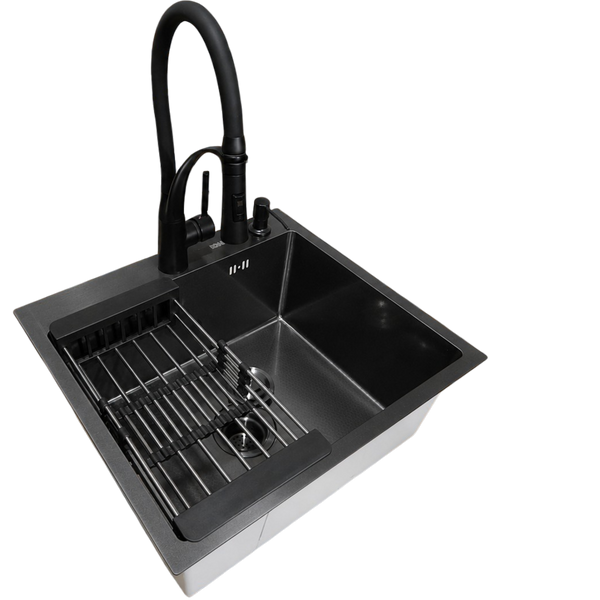 Комплект кухонної мийки Kraft HM 50х50 NANO BLACK (DECOR) PVD (3.0/1.0 мм)+Кухонний змішувач Kroner KRP Ersel - SCH03393BLK S4771 фото