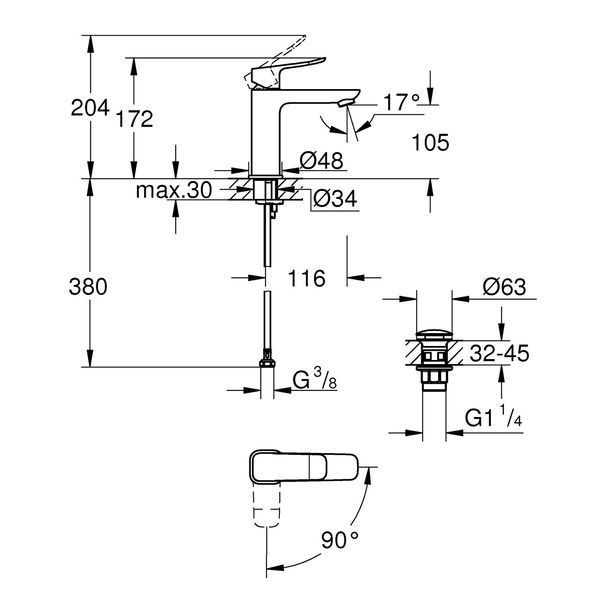 Змішувач для раковини Grohe QuickFix Dice ES M-Size 1018360000 з донним клапаном CV036191 фото