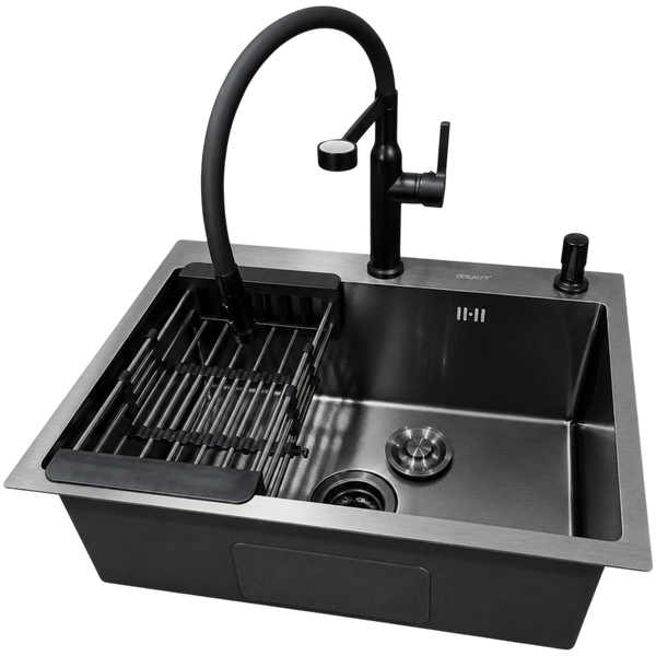 Комплект кухонної мийки Kraft NANO BLACK PVD HS 540*480мм Декор (3.0/1.0 мм)+Змішувач для кухні Kroner KRP Ersel - SCH03112BLK S4921 фото