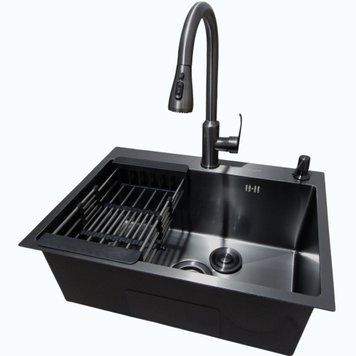 Комплект кухонной мойки Kraft NANO BLACK PVD (Декор-соты) 600х450мм (3.0/1.0 мм)+Смеситель кухонный TH38 Valeso PVD S3707 фото