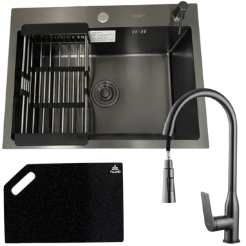 Комплект кухонної мийки Kraft NANO BLACK PVD HS60*45 (3.0/1.0 мм)+Змішувач для кухніз висувним виливом S1039 фото