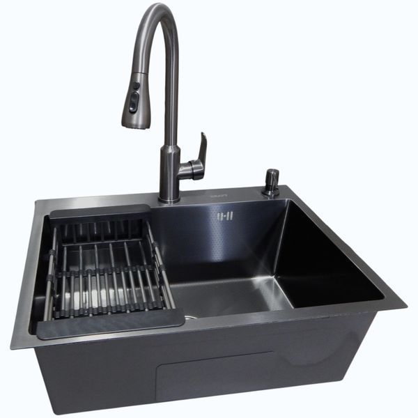 Комплект кухонной мойки Kraft NANO BLACK PVD (Декор-соты) 600х450мм (3.0/1.0 мм)+Смеситель кухонный TH38 Valeso PVD S3707 фото