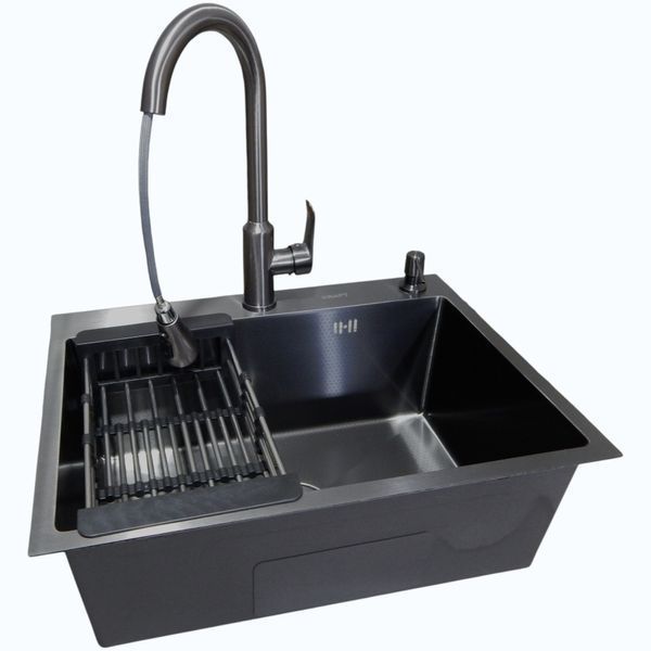 Комплект кухонной мойки Kraft NANO BLACK PVD (Декор-соты) 600х450мм (3.0/1.0 мм)+Смеситель кухонный TH38 Valeso PVD S3707 фото