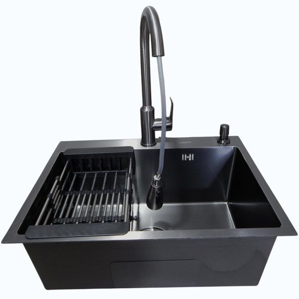 Комплект кухонной мойки Kraft NANO BLACK PVD (Декор-соты) 600х450мм (3.0/1.0 мм)+Смеситель кухонный TH38 Valeso PVD S3707 фото