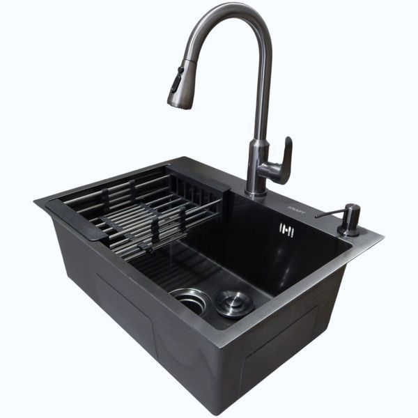 Комплект кухонной мойки Kraft NANO BLACK PVD (Декор-соты) 600х450мм (3.0/1.0 мм)+Смеситель кухонный TH38 Valeso PVD S3707 фото