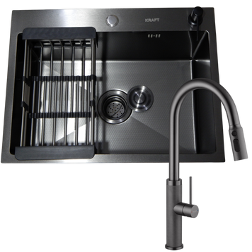 Комплект кухонної мийки Kraft NANO BLACK PVD Декор HS60*45 (3.0/1.0 мм)+Змішувач для кухні з висувним шлангом S8066 фото