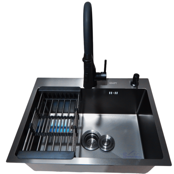 Комплект кухонной мойки Kraft NANO BLACK PVD HS60*45 (3.0/1.0 мм) декор S5039 фото