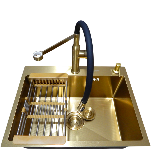 Комплект кухонной мойки Kraft NANO GOLD PVD HS 540х480 (3.0/1.0 мм) декор S3758 фото
