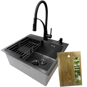 Комплект кухонної мийки KRAFT NANO BLACK Handmade PVD-Графіт HS 540х480 Декор-Соти (3.0/1.0 мм) +Кухонний змішувач Kroner KRP Ersel - SCH03393BLK S4774 фото