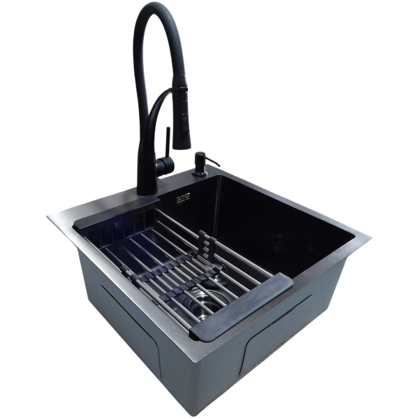 Комплект кухонной мойки Kraft HM 50х50 NANO BLACK (DECOR) PVD (3.0/1.0 мм) S3558 фото