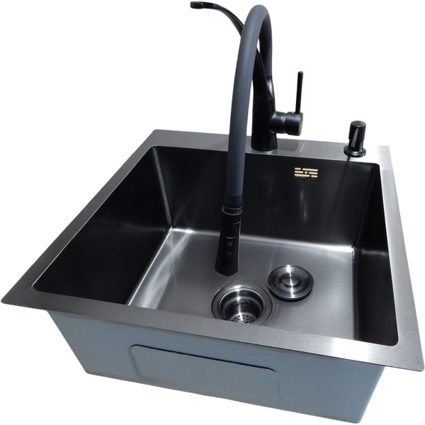 Комплект кухонной мойки Kraft HM 50х50 NANO BLACK (DECOR) PVD (3.0/1.0 мм) S3558 фото