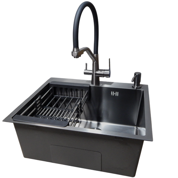 Комплект кухонної мийки Kraft графіт HS 540Х480 NANO BLACK PVD Декор (3.0/1.0 мм) CS81022 фото