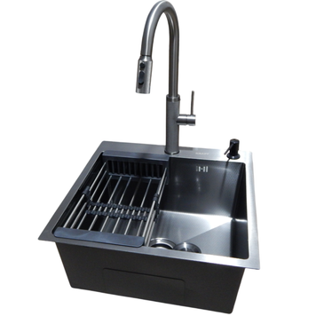 Комплект кухонної мийки Kraft NANO BLACK PVD Декор HS50*50 (3.0/1.0 мм)+Змішувач для кухні з висувним шлангом S2046 фото