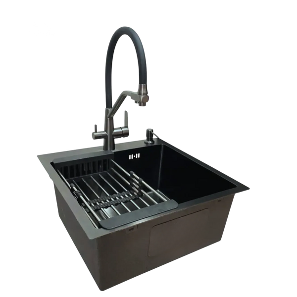 Комплект кухонной мойки Kraft HM 50х50 NANO BLACK (DECOR) PVD (3.0/1.0 мм) S4825 фото