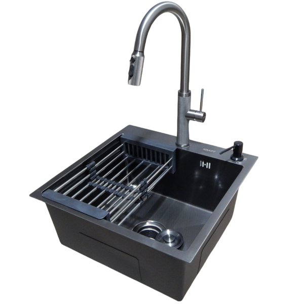 Комплект кухонної мийки Kraft NANO BLACK PVD Декор HS50*50 (3.0/1.0 мм)+Змішувач для кухні з висувним шлангом S2046 фото