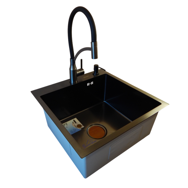 Комплект кухонної мийки Kraft HM 50х50 NANO BLACK PVD (3.0/1.0 мм) S3610 фото