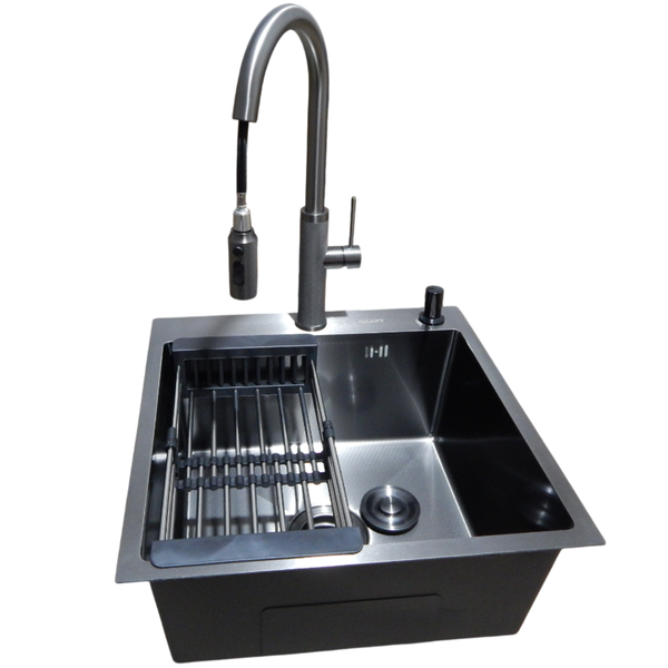 Комплект кухонної мийки Kraft NANO BLACK PVD Декор HS50*50 (3.0/1.0 мм)+Змішувач для кухні з висувним шлангом S2046 фото