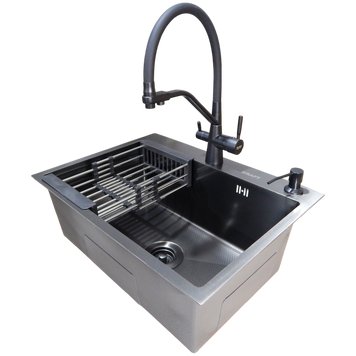 Комплект кухонної мийки Kraft NANO BLACK PVD HS60*45 Декор (3.0/1.0 мм)+Смеситель для кухни с подключением к фильтру Pllen&oacute; Lazio ST19 nero SM20870 фото