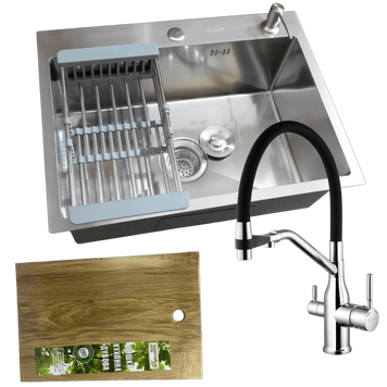 Комплект кухонной мойки Kraft HM 540х480 DECOR (3.0/1.0 мм)+Смеситель для кухни Kroner KRP Kuche - C03816BLK (хром) S5150 фото