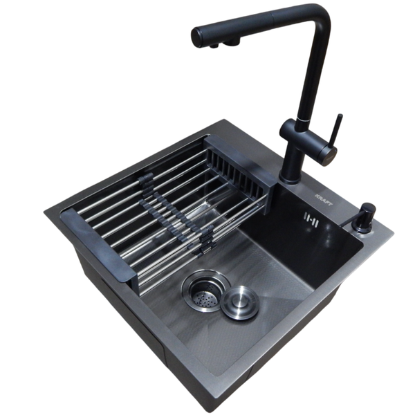 Комплект кухонной мойки KRAFT Handmade PVD чорна HS 5050 (3.0/1.0 мм) Dekor S610 фото