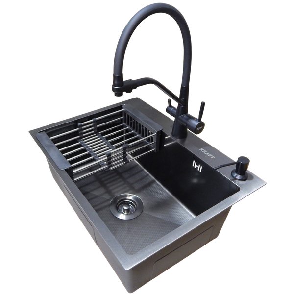 Комплект кухонної мийки Kraft NANO BLACK PVD HS60*45 Декор (3.0/1.0 мм)+Смеситель для кухни с подключением к фильтру Pllen&oacute; Lazio ST19 nero SM20870 фото